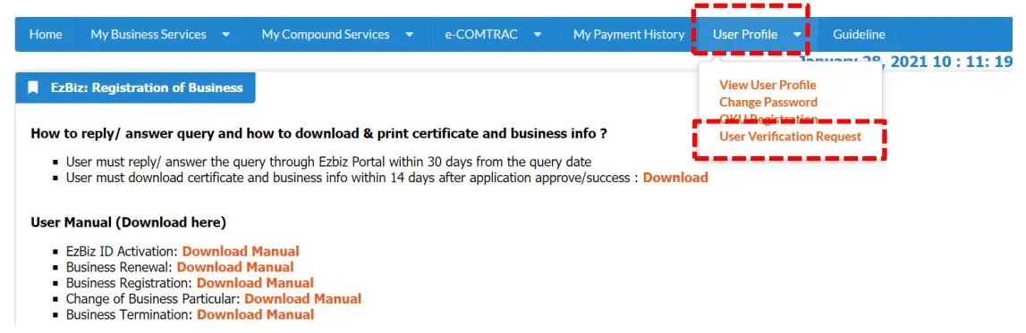 ezBiz user verification request online