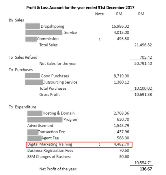 profit loss statement end of year 2017