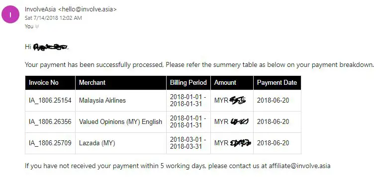 Payment received from Involve Asia