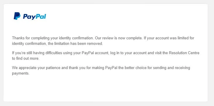 PayPal account limitation removed